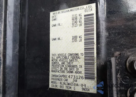 2014 Nissan Maxima 3.5 Sv z USA, uszkodzony, nr VIN 1N4AA5AP9EC473126